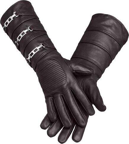 URBAN BUCK Real Leather Gauntlet Costume Long Regular Fit Mens Assorted Buckle Cosplay Glove Left Hand Brown (M) in Kuwait