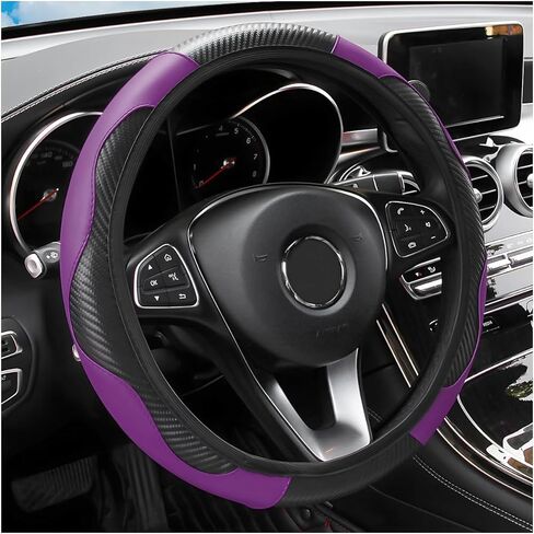 Elastic Car Steering Wheel Cover, Carbon Fiber Leather Stretch Auto Steering Wheel Protector, Anti-Slip Vehicle Interior Decor Protective Accessories, Universal for RV, SUV, Truck (Black/Pink) in Saudi Arabia