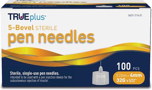 TRUEplus 5-Bevel Sterile Pen Needles, 32G x 4mm (5/32 Inch), Single-Use Needles, Silicone Coated, Compatible Thread with Major Pen Devices, 100 Count in Kuwait