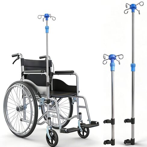 عمود IV محمول للكرسي المتحرك، حامل ضخ للكرسي المتحرك بارتفاع 4 خطاف قابل للتعديل، حامل IV تلسكوبي قابل للطي من الفولاذ المقاوم للصدأ بدرجة طبية، للمستشفى والعيادة والرعاية المنزلية واستخدام السرير in Kuwait
