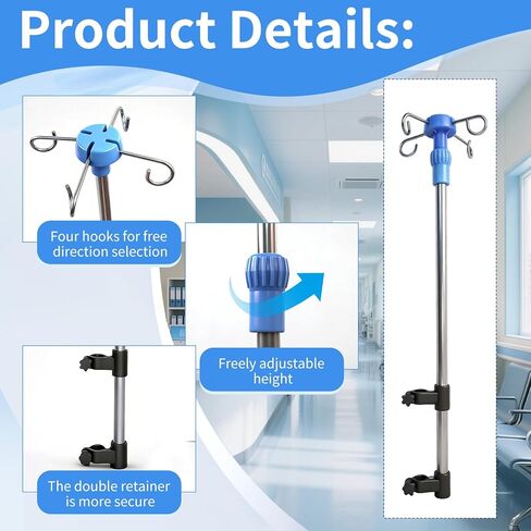 عمود IV محمول للكرسي المتحرك، حامل ضخ للكرسي المتحرك بارتفاع 4 خطاف قابل للتعديل، حامل IV تلسكوبي قابل للطي من الفولاذ المقاوم للصدأ بدرجة طبية، للمستشفى والعيادة والرعاية المنزلية واستخدام السرير in Kuwait