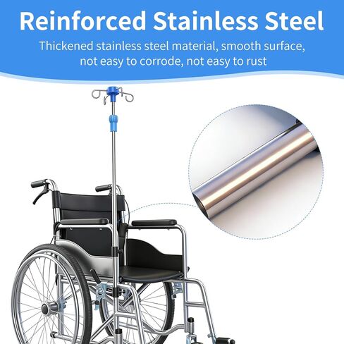 عمود IV محمول للكرسي المتحرك، حامل ضخ للكرسي المتحرك بارتفاع 4 خطاف قابل للتعديل، حامل IV تلسكوبي قابل للطي من الفولاذ المقاوم للصدأ بدرجة طبية، للمستشفى والعيادة والرعاية المنزلية واستخدام السرير in Kuwait