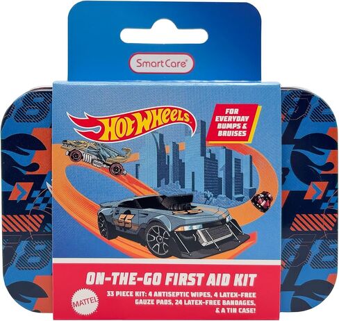 Smart Care Hot Wheels Bandage Kit, Cute Bandages for Kids, Infants & Children, Latex-Free, Assorted Variety Pack with Travel Size Tin Case, 33CT in Kuwait