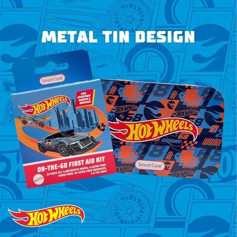 Smart Care Hot Wheels Bandage Kit, Cute Bandages for Kids, Infants & Children, Latex-Free, Assorted Variety Pack with Travel Size Tin Case, 33CT in Kuwait
