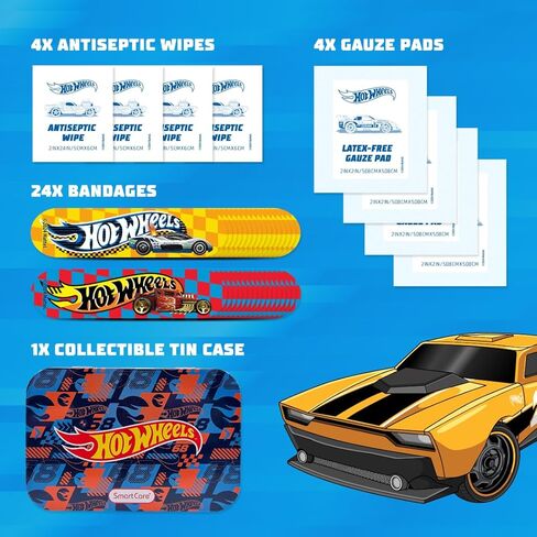 Smart Care Hot Wheels Bandage Kit, Cute Bandages for Kids, Infants & Children, Latex-Free, Assorted Variety Pack with Travel Size Tin Case, 33CT in Kuwait