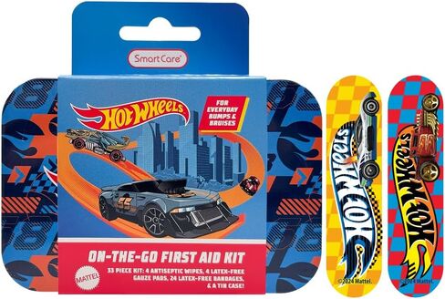Smart Care Hot Wheels Bandage Kit, Cute Bandages for Kids, Infants & Children, Latex-Free, Assorted Variety Pack with Travel Size Tin Case, 33CT in Kuwait