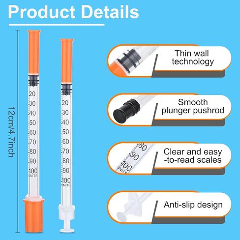 حقنة 1 مل 32 جرام 1/4 بوصة (6 مم)، مستلزمات مختبر U-100، مغلفة بشكل فردي، عبوة من 100 قطعة in Kuwait