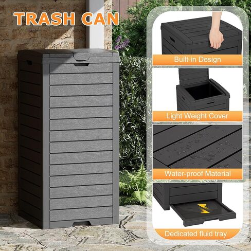 Fancyango Outdoor Trash Can with Lid & Drip Tray, Waterproof Resin Garbage Can, Outside Trash Bin for Patio, Garage, Pool, Deck & Backyard, Black(31 Gallon) in Saudi Arabia