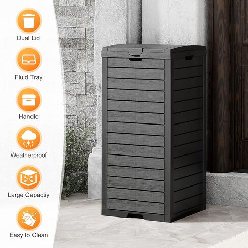 Fancyango Outdoor Trash Can with Lid & Drip Tray, Waterproof Resin Garbage Can, Outside Trash Bin for Patio, Garage, Pool, Deck & Backyard, Black(31 Gallon) in Saudi Arabia