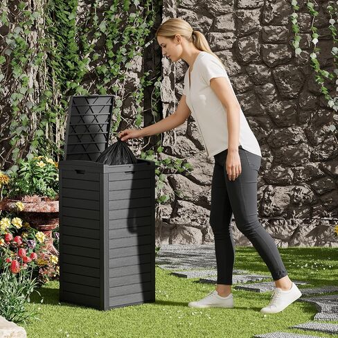 Fancyango Outdoor Trash Can with Lid & Drip Tray, Waterproof Resin Garbage Can, Outside Trash Bin for Patio, Garage, Pool, Deck & Backyard, Black(31 Gallon) in Saudi Arabia