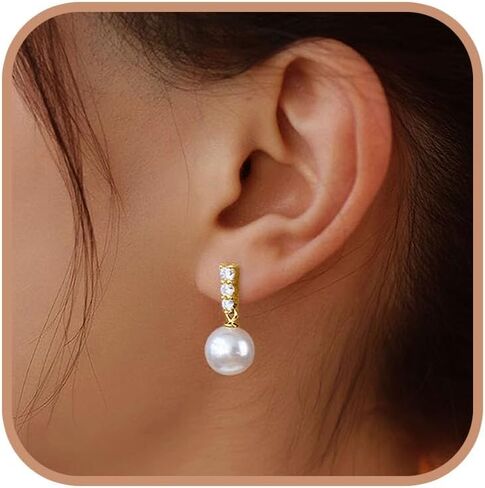 Pearl Earrings for Women Dainty 925 Sterling Silver Dangle Drop Earring with 5A Cubic Zirconia Pearl Drop Earrings Big Pearls Bridal Hoop Beach Jewelry for Wedding Birthday Christmas Gifts in Kuwait