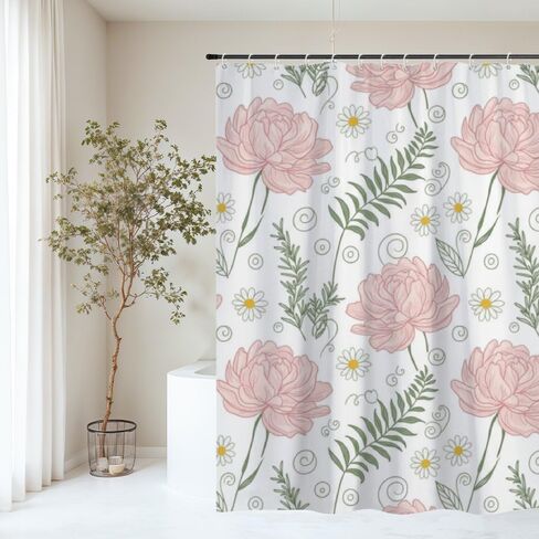 ستارة دش بنمط الأقحوان لطيف، ستارة دش صيفية مقاومة للماء أنيقة بدون خطافات، قماش قابل للغسل للعطلات الأمريكية الأفريقية للحمام ديكور الحمام القديم 72 × 72 بوصة in Kuwait