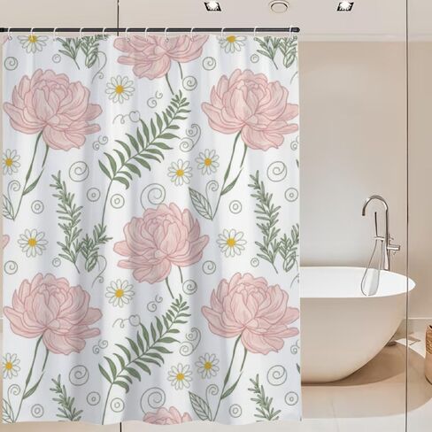 ستارة دش بنمط الأقحوان لطيف، ستارة دش صيفية مقاومة للماء أنيقة بدون خطافات، قماش قابل للغسل للعطلات الأمريكية الأفريقية للحمام ديكور الحمام القديم 72 × 72 بوصة in Kuwait