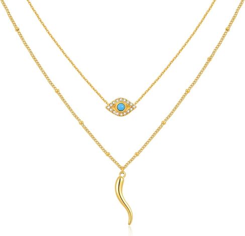 Women's Gold Evil Eye Necklace - 14K Gold Plated Evil Eye Choker Necklaces,Non Tarnish Layered Golden Italian Horn Charm Necklace,Lucky Spiritual Protection Jewelry Gifts for Girlfriend Sister Wife in Kuwait