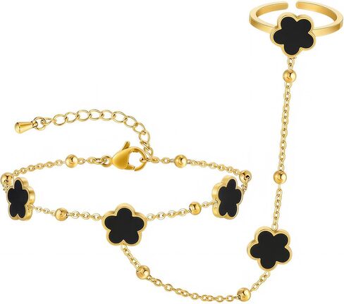 Hand Chain Bracelet Ring Bracelet Four Leaf Clover Stainless Steel Gold-Tone Bracelets for Women Ring Chain Gifts for Women Trendy Stuff in Kuwait