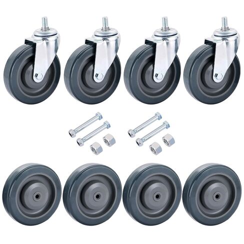 8 Pack 5" Shopping Cart Replacement Wheels Kit | 4 Stemless Casters & 4 Stem Threaded Casters Wheels with Hardware, Single Ball Bearing Silent Cart Wheels for Supermarket Carts (Grey) in Saudi Arabia