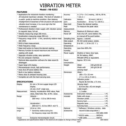 Professional Digital Vibration Meter/Vibration Analysis Meter – Industrial Acceleration & Velocity Tester Separate Probe, RMS/Peak/Max-Min Recording, Auto Shut‑Off; Model: VB‑8202 in Kuwait