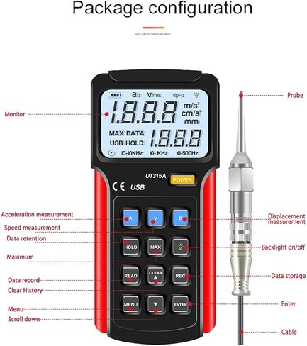 Portable Vibration Analyzer, Digital Vibration Meter with LCD Display and Highly Sensitive Probe, Store Data, for Vibration Acceleration, Velocity and Displacement Measurement in Kuwait