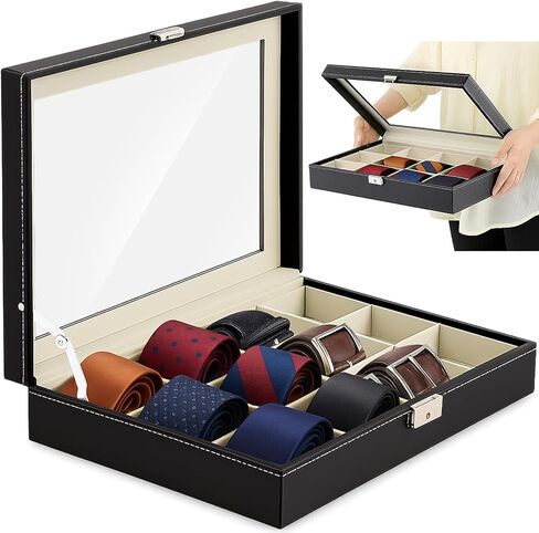 PU Leather Tie Display Case مع 15 مقصورًا ، صندوق تخزين منظم التعادل لإكسسوارات أحزمة الرجال ، حقيبة مجموعة أسود فاخرة لهدية عيد الحب عيد الأب in Kuwait