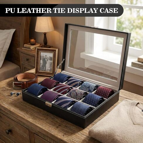 PU Leather Tie Display Case مع 15 مقصورًا ، صندوق تخزين منظم التعادل لإكسسوارات أحزمة الرجال ، حقيبة مجموعة أسود فاخرة لهدية عيد الحب عيد الأب in Kuwait