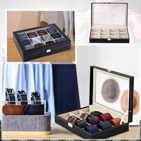 PU Leather Tie Display Case مع 15 مقصورًا ، صندوق تخزين منظم التعادل لإكسسوارات أحزمة الرجال ، حقيبة مجموعة أسود فاخرة لهدية عيد الحب عيد الأب in Kuwait