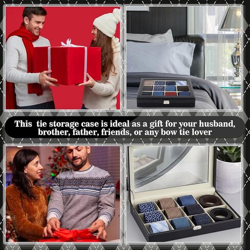 PU Leather Tie Display Case مع 15 مقصورًا ، صندوق تخزين منظم التعادل لإكسسوارات أحزمة الرجال ، حقيبة مجموعة أسود فاخرة لهدية عيد الحب عيد الأب in Kuwait