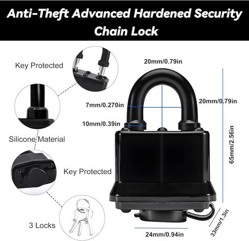 قفل سلسلة مقاوم للطقس - قفل مطور عالي التحمل مع سلسلة بوابة، قفل أمان مضاد للسرقة مع غطاء قفل للدراجات، البوابة، الأسوار، أبواب الفناء الخلفي، الدراجات النارية (سلسلة + قفل) in Kuwait
