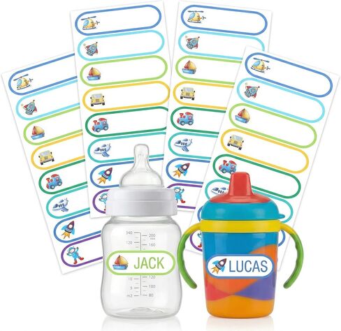 ملصقات أسماء مقاومة للماء للرعاية النهارية - ملصقات أسماء لمستلزمات الأطفال واللوازم المدرسية - اكتب على ملصقات أكواب زجاجات الأطفال - آمنة للاستخدام في غسالة الأطباق - عبوة مكونة من 120 قطعة. in Kuwait