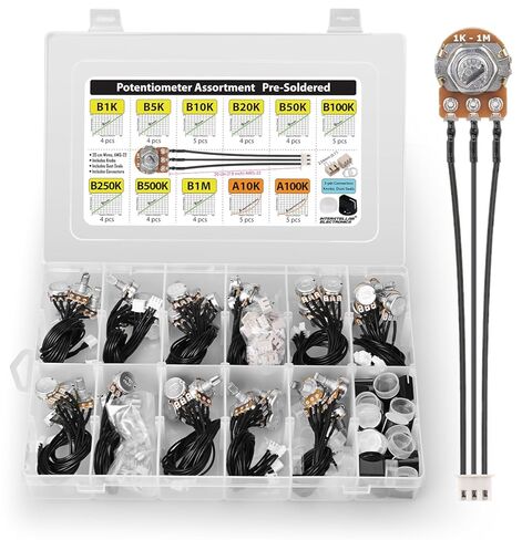 Potentiometer Assortment pre-Wired B1K B5K B10K B20K B50K B100K B250K B500K B1M (Linear) A10K A100K (Audio Log) prefabed, pre-soldered incl. Knobs, Dust Seals, 3-pin 0.1 inch Connectors, 48 pcs in Kuwait