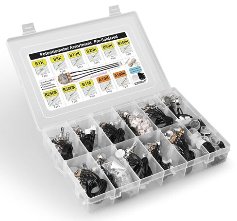 Potentiometer Assortment pre-Wired B1K B5K B10K B20K B50K B100K B250K B500K B1M (Linear) A10K A100K (Audio Log) prefabed, pre-soldered incl. Knobs, Dust Seals, 3-pin 0.1 inch Connectors, 48 pcs in Kuwait