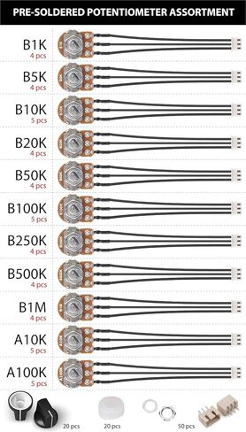 Potentiometer Assortment pre-Wired B1K B5K B10K B20K B50K B100K B250K B500K B1M (Linear) A10K A100K (Audio Log) prefabed, pre-soldered incl. Knobs, Dust Seals, 3-pin 0.1 inch Connectors, 48 pcs in Kuwait