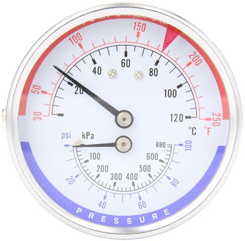 Trerice PTC14603 Tridicator الجذع الخلفي، وصلة 1/2 بوصة NPT، 3 بوصة وجه، 30-250 درجة فهرنهايت/مئوية و0-100 رطل لكل بوصة مربعة/كيلو باسكال in Kuwait