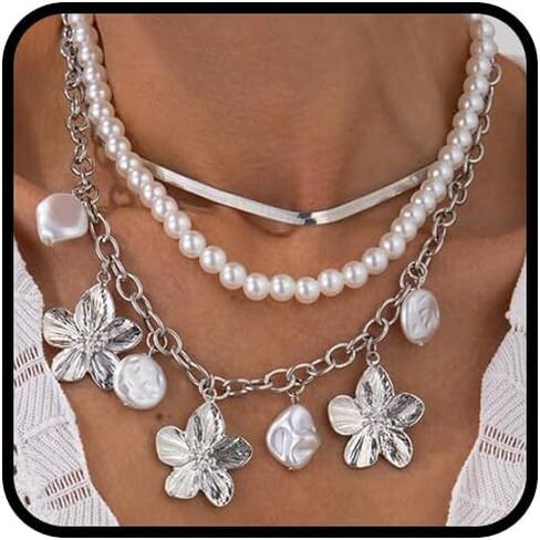 Chunky Gold Layered Choker Necklace for Women Trendy Large Flower Baroque Pearls Pendant Necklaces Fashion Pearls Beaded Floral Jewelry Balls Accessories in Saudi Arabia