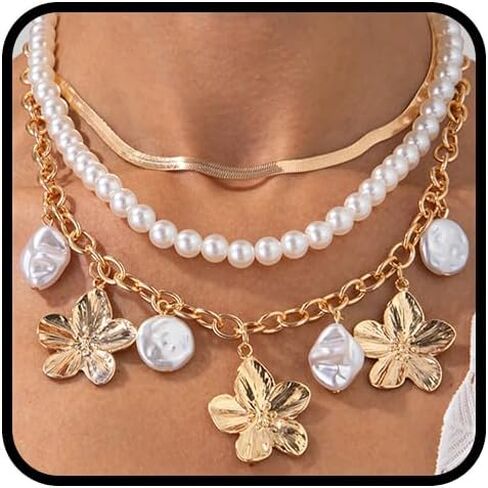 Chunky Gold Layered Choker Necklace for Women Trendy Large Flower Baroque Pearls Pendant Necklaces Fashion Pearls Beaded Floral Jewelry Balls Accessories in Saudi Arabia