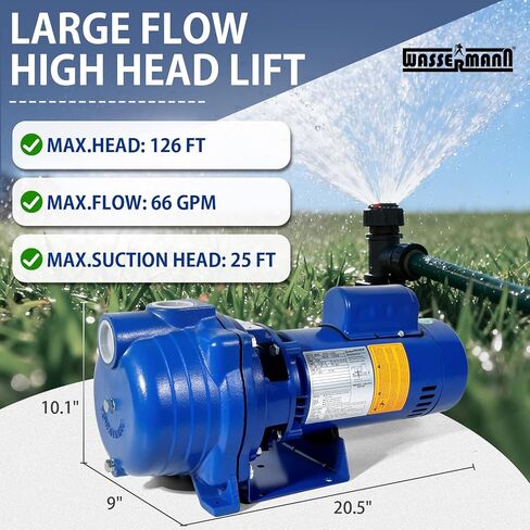 WASSERMANN مضخة طرد مركزي 1.5 حصان، 66GPM مضخة نفاثة بئر ضحلة 115 فولت/230 فولت مضخة طرد مركزي ذاتية التحضير، مضخة معززة متينة من الحديد الزهر لرش العشب، ري الحديقة، بديل لـ J15S، أزرق in Kuwait