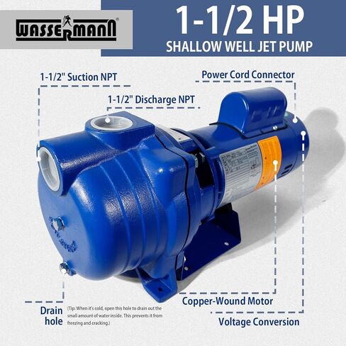 WASSERMANN مضخة طرد مركزي 1.5 حصان، 66GPM مضخة نفاثة بئر ضحلة 115 فولت/230 فولت مضخة طرد مركزي ذاتية التحضير، مضخة معززة متينة من الحديد الزهر لرش العشب، ري الحديقة، بديل لـ J15S، أزرق in Kuwait