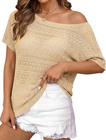 CAKULO WOMENS SUMMER CORCHET TOPS HOLLOW OUT من الكتف قصير الأكمام BATWING SPRING SWEATE TOP 2025 in Saudi Arabia