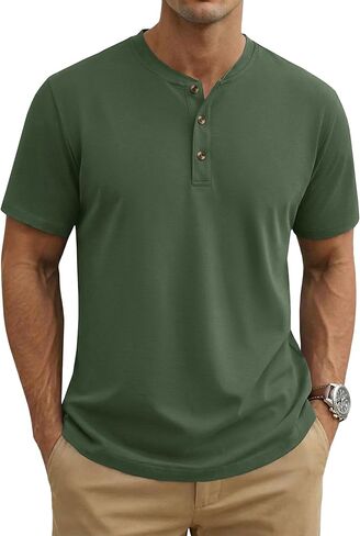 MAGNIVIT Mens Henley Shirts Short Sleeve Cotton Casual Summer Basic T-Shirts 3 Button Solid Collarless Shirts for Work in Kuwait