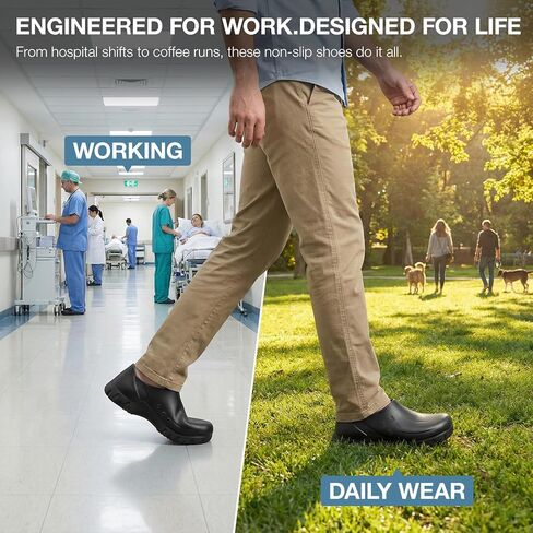 SPIEZ Non Slip Chef Clogs for Men, Slip On Oil & Slip Nursing Work Shoes, Wide Breathable Lightweight Food Service Shoes for Standing All Day Black, US 7-13 in Kuwait