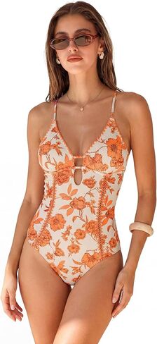 CUPSHE Women's One Piece Swimsuit Plunging V Neck Shell Stitch Bathing Suit Self Tie Adjustable Cutouts Swimwear in Kuwait