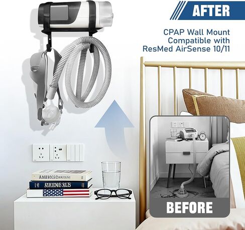 رف تثبيت على الحائط CPAP لجهاز ResMed AirSense 10/11 - يشتمل على فرشاة وخطاطيف تنظيف الأنبوب، ويمنع تشابك الخراطيم، ودعامة CPAP التي تنظف مساحة منضدة النوم القيمة in Saudi Arabia
