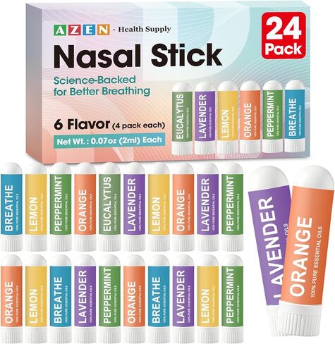 AZEN 24 عبوة من أعواد الأنف السائبة، عصا استنشاق محمولة لتخفيف احتقان الأنف بالزيوت العطرية، تعزيز التركيز، أبخرة منعشة وغير طبية in Kuwait