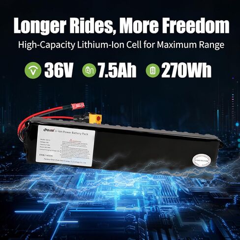 270Wh 36V 7.5Ah Lithium Ion Electric Scooter Battery, Replacement for 250W-350W Motors with Smart BMS Protection Board, Easy Installation Universal Compatibility in Kuwait