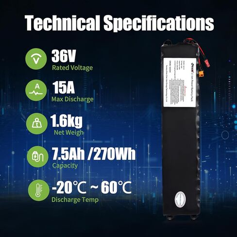 270Wh 36V 7.5Ah Lithium Ion Electric Scooter Battery, Replacement for 250W-350W Motors with Smart BMS Protection Board, Easy Installation Universal Compatibility in Kuwait