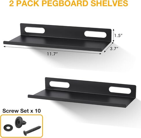 مجموعة أرفف Pegboard المعدنية - 2 حزمة 11.7 بوصة رفوف أرفف لوح ربط ملحقات سوداء صواني عرض أدوات أرفف متدرجة للمكاتب الحرفية المرآب المطبخ الحمام نظام تنظيم Pegboard (متوسط) in Kuwait