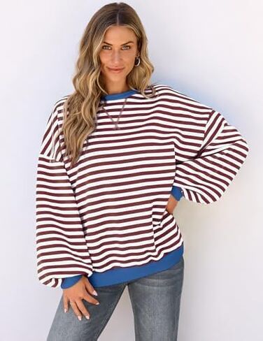 Women Striped Long Sleeve Sweatshirt Casual Crewneck Pullover Top with Contrast Cuffs Hem in Saudi Arabia