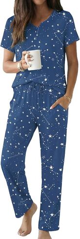 Ekouaer 2 Piece Womens Pajamas V Neck Short Sleeve Top and Long Pants Pjs Print Lounge Set Sleepwear in Saudi Arabia