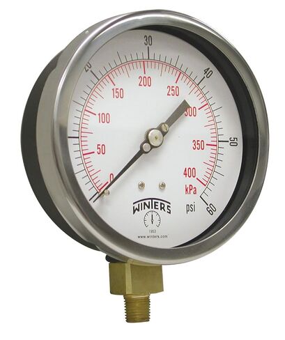 Winters P3S 300 Series Aluminum Pressure Gauge with Brass Internals, 0-60 psi/kpa, 6" Dial Display, +/-5% Accuracy, 1/4" NPT Bottom Mount in Saudi Arabia
