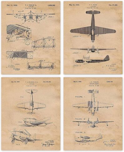 Vintage Propeller Airplanes Patent Prints, 4 (8x10) Unframed Photos, Wall Art Decor Gifts for Home Aviation Office Gears Garage School College Student Teacher Aircraft Mechanic Pilot Flight Engineer in Saudi Arabia
