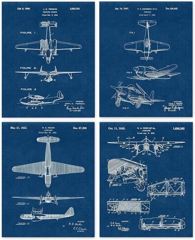Vintage Propeller Airplanes Patent Prints, 4 (8x10) Unframed Photos, Wall Art Decor Gifts for Home Aviation Office Gears Garage School College Student Teacher Aircraft Mechanic Pilot Flight Engineer in Saudi Arabia